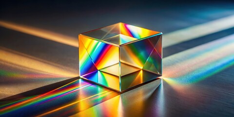 Dichroic glass cube prism reflecting rainbow light beams on neutral background with window light, dichroic glass