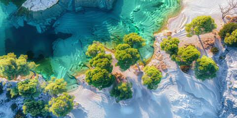 An overhead view shows a lake and white sand beach with trees in the middle, vibrant colors, and a sky, captured with natural lighting.