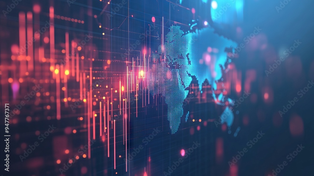 Poster Abstract stock market candlesticks and world map on technology blue background. Low poly wireframe digital growing graph chart with glowing light effect. Vector business banner. Investment concept.