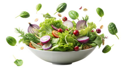 Mixing Salad of different vegetables green lettuce, spinach, onion and other flying in the air isolated on background, fresh organic food.