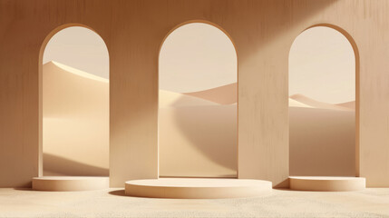 Arches in the desert in a 3D render, against a minimal background, with podiums.