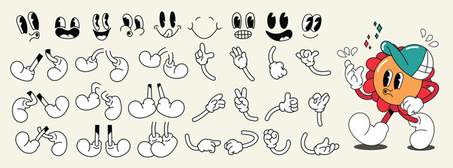 Set of 70s groovy comic faces vector. Collection of cartoon character faces, leg, hand in different emotions happy, angry, sad, flower. Cute retro groovy hippie illustration for decorative, sticker.
