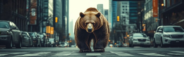 Obraz premium Imposing bear walking steadily down a bustling city street