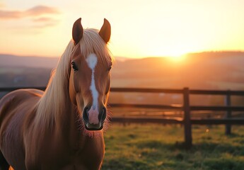 Obraz premium Beautiful horses in the mountains against a sunset sky, near a fence on a grassy meadow. Wide-angle lens,