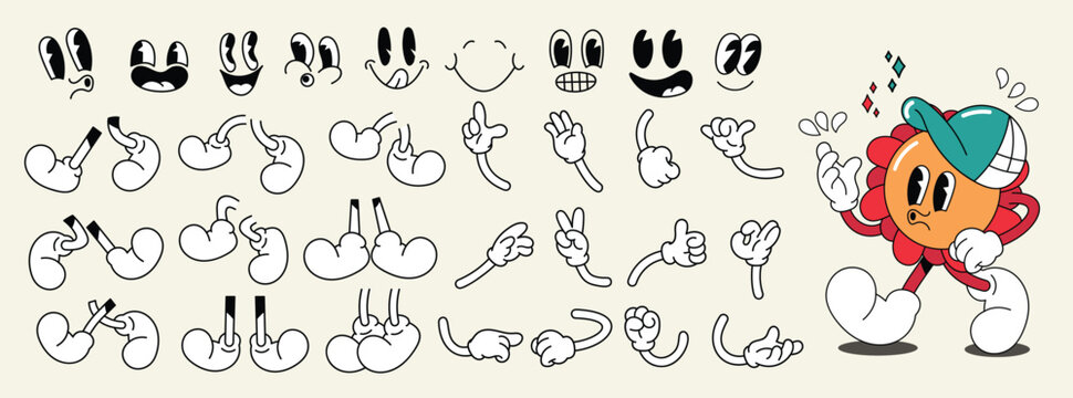 Set of 70s groovy comic faces vector. Collection of cartoon character faces, leg, hand in different emotions happy, angry, sad, flower. Cute retro groovy hippie illustration for decorative, sticker.