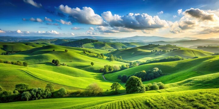A serene landscape with lush greenery, rolling hills, and clear blue skies, nature, wilderness, environment, scenery, earth