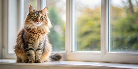 A fluffy tabby cat sitting on a windowsill , Tabby, fluffy, domestic, pet, feline, whiskers, adorable, cute, playful, curious