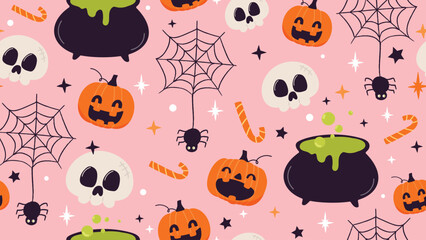 Cute happy halloween seamless pattern background vector. Colorful doodle design for wallpaper, kids fabric and print. Vector illustration.