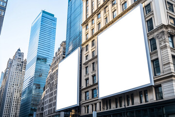 Fototapeta premium Two large white billboards are on the side of a building in a city