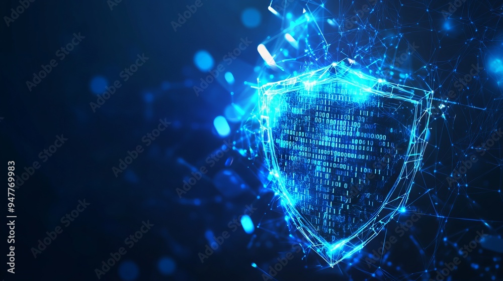 Poster abstract security shield and glowing blue cloud with binary code in low poly wireframe style. databa