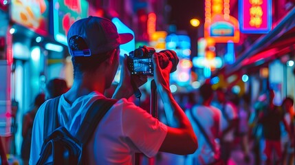 Fototapeta premium Young Man Taking Photos in a Vibrant Night Market