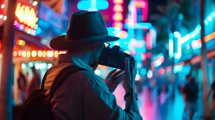 Fototapeta premium Photographer Capturing Urban Night Lights