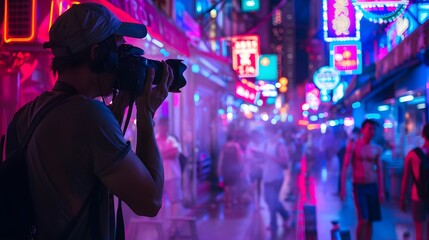 Photographer Capturing the Vibrant Neon Lights of a Busy Night Market