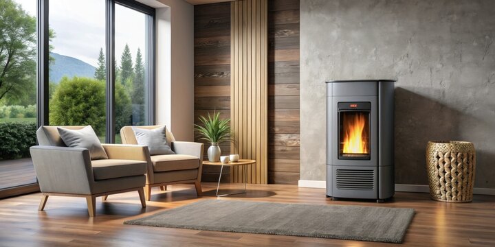 Wooden pellet heating stove in a cozy living room setting, pellet stove, heating, renewable energy, sustainable