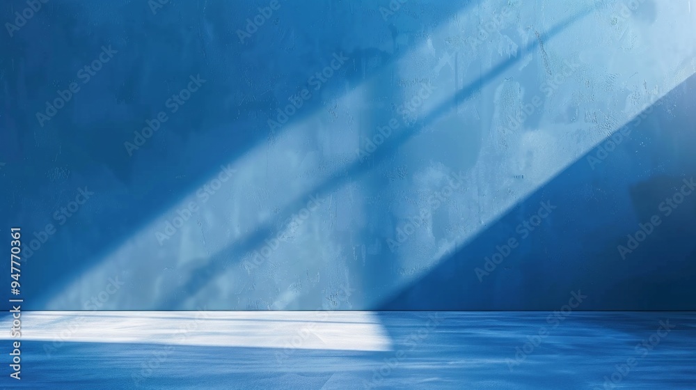 Poster a blue room with a window that is letting in sunlight