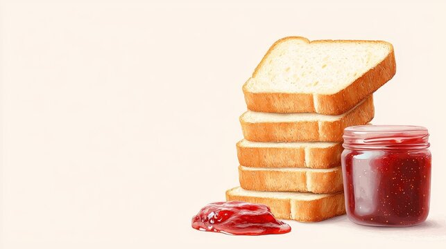 Stack of bread slices, butter melting, jam spread on side, warm tones, watercolor style, copy space
