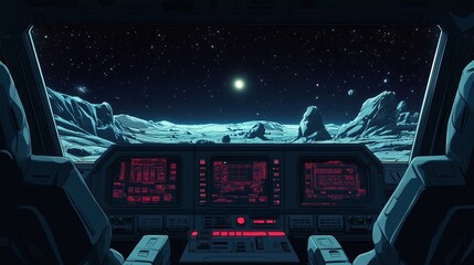 Pixel art retro game style spaceship cockpit cartoon with detailed dashboard and outer space view with stars and planets new stock image illustration AI