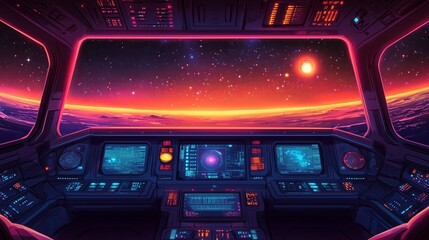 Pixel art retro game style spaceship cockpit cartoon with detailed dashboard and outer space view with stars and planets new stock image illustration AI