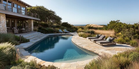 Obraz premium A swimming pool with lounge chairs and ocean views.