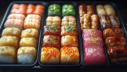 Assortment of sushi in a black container. Perfect for illustrating a restaurant menu, food blog, or advertising.