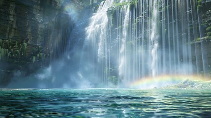 Waterfall and Rainbow in a Lush Landscape