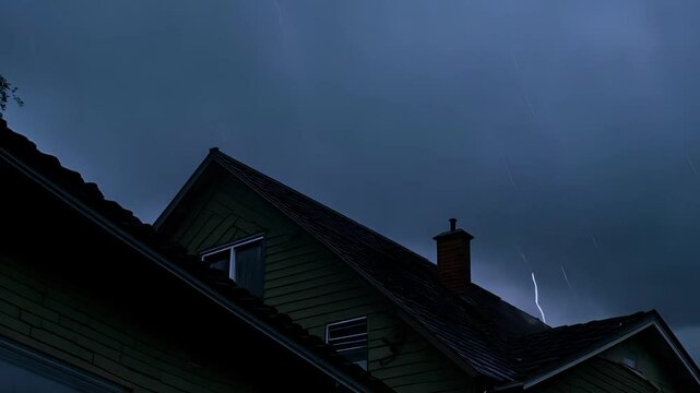 Lightening strikes over a house