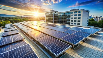 Large solar panels on the rooftop of a modern and comfortable building, solar energy, renewable
