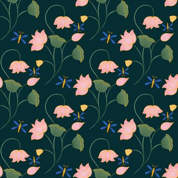 Seamless pichwai inspired background pattern with pink lotus flowers and dragon flies, this can be used for digital projects as well as for print on various surfaces like textiles, paper, etc.