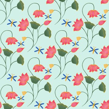 Seamless pichwai inspired background pattern with pink lotus flowers and dragon flies, this can be used for digital projects as well as for print on various surfaces like textiles, paper, etc.