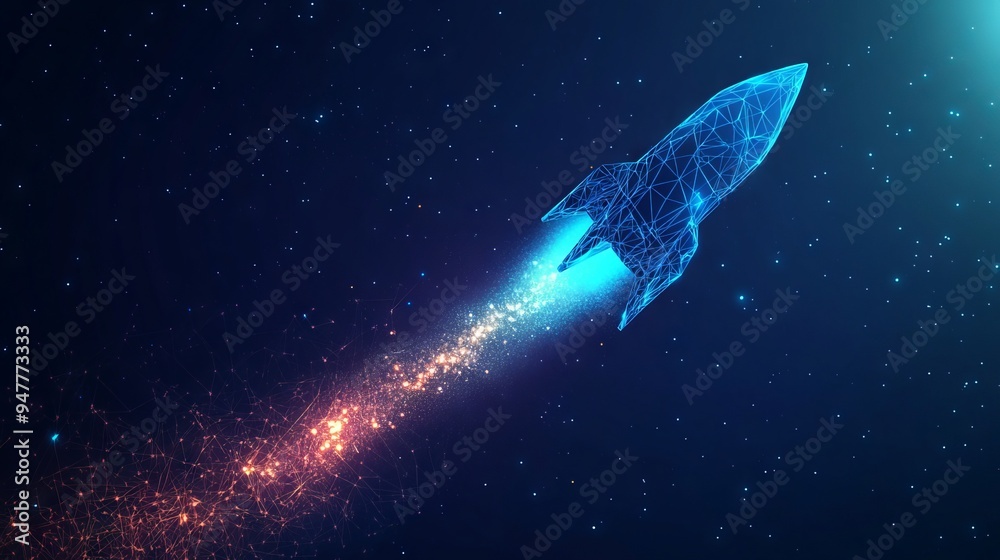 Poster abstract rocket launch. digital spaceship flying up into outer space. business development, boosting