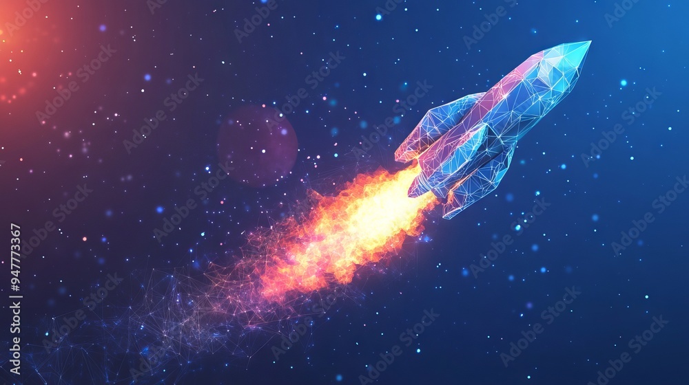 Poster abstract rocket launch. digital spaceship flying up into outer space. business development, boosting