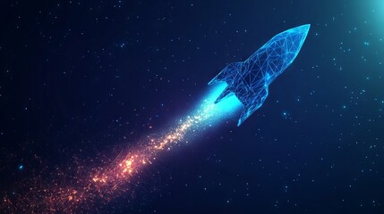 Fototapeta premium Abstract Rocket Launch. Digital Spaceship Flying Up Into Outer Space. Business Development, Boosting Concept. Low Poly Wireframe Vector Illustration on Technological Blue Background. Polygonal banner.