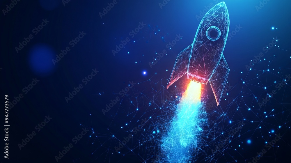Poster abstract rocket launch. digital spaceship flying up into outer space. business development, boosting