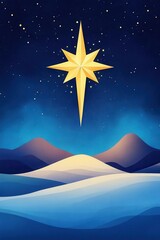 A bright star shines over a landscape of hills and desert under a starry sky.