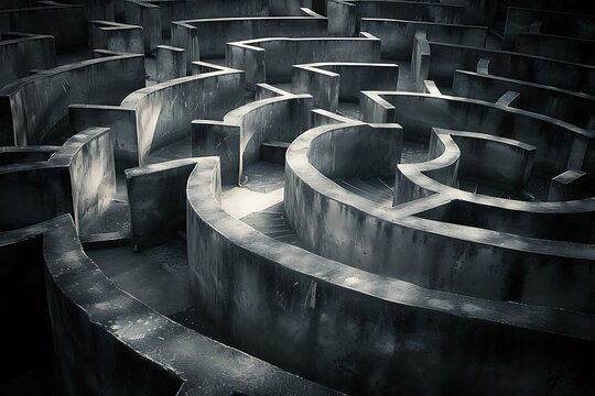 Abstract labyrinth, twisting paths and passages, monochromatic with sharp contrasts, complex and intriguing composition, evokes mystery and challenge, dark shadows