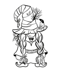 Cartoon woman gnomes with Halloween hat and costume.Black and white line art of gnomes. Monochrome gnome illustrations for Halloween. Png file