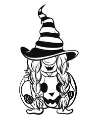 Cartoon woman gnomes with Halloween hat and costume.Black and white line art of gnomes. Monochrome gnome illustrations for Halloween. Png file