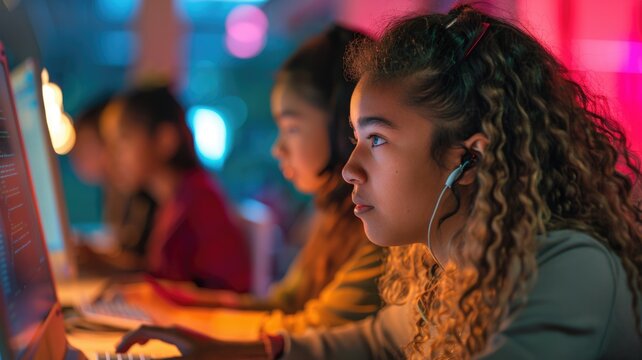 teens coding and using tech devices at a coding workshop, STEM education