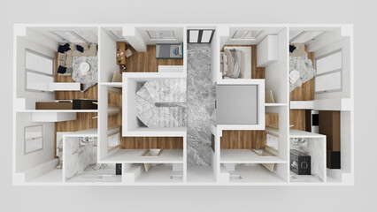 3D plan of apartment building floor with furniture and white walls, 3D render, illustration. Top view