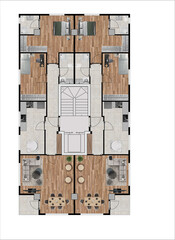 Floor plan of modern apartment with 2 flats. Top view. Architectural drawing, plan rendering, coloured and furnished. Plan illustration.