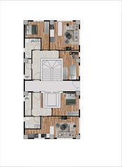 Floor plan of modern apartment with 2 flats. Top view. Architectural drawing, plan rendering, coloured and furnished. Plan illustration.
