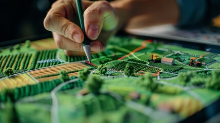 Digital Farm Planning Handdrawn Layouts on Tablet with Scenic Equipment in Background