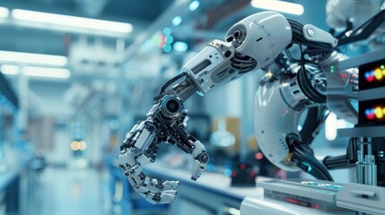 Fototapeta premium Closeup of Industrial Robot Arm in Factory Setting