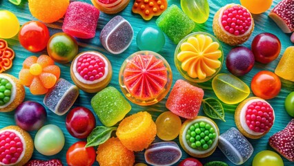 Fototapeta premium Colorful jelly candies in various shapes and sizes against a vibrant backdrop , jelly, candies, colorful, sweet, treats