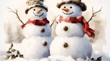 Snowy Friendship: Two charming snowmen, adorned with cozy scarves and hats, stand side-by-side in a whimsical winter wonderland. 