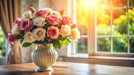 Beautiful bouquet of roses in a decorative vase on a table in a sunlit room, kwiat, waza, bukiet, dekoracja, wnetrza, stole, dom