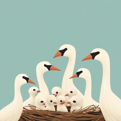 Obraz premium Flock of birds in a nest, nurturing their young, flat design illustration