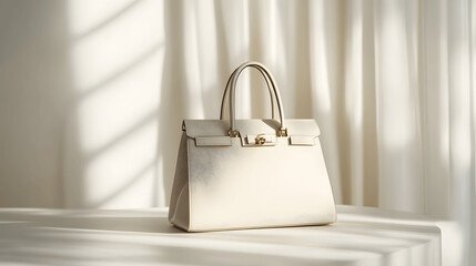 Luxury handbag mockup on white surface, soft shadows, blurred elegant background, front perspective