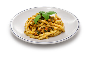Busiate alla Trapanese is made from a specialty pasta from the province of Trapani called Busiate, then boiling it and tossing it in a Trapanese sauce made primarily from almonds. Italian cuisine.
