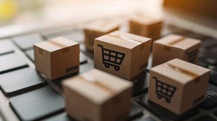 Fototapeta premium E-commerce Keyboard Delivery: Miniature cardboard boxes, some adorned with shopping cart symbols, rest on a sleek black keyboard, embodying the essence of online shopping and digital commerce. 
